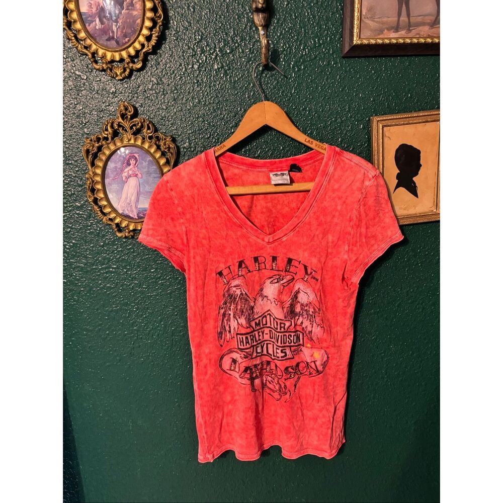 Harley Davidson Rhinestone Shirt Size Medium Red Orange
